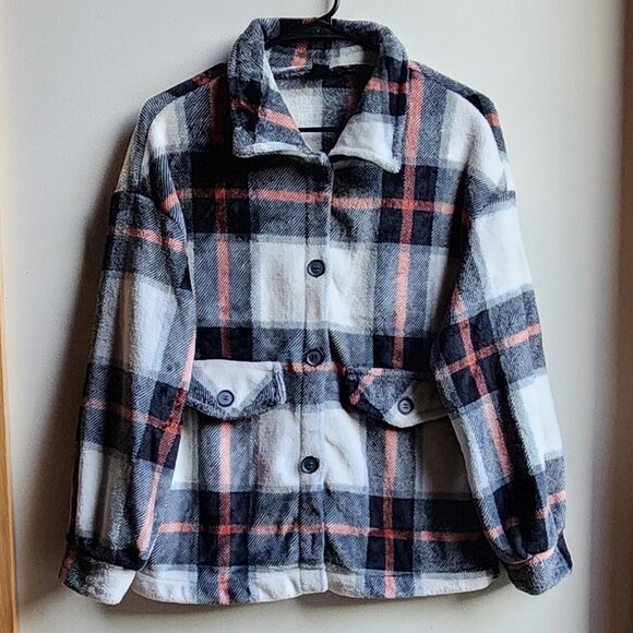 SHEIN Plaid Fleece Button Down Teddy Jacket Size Medium - Picture 1 of 16